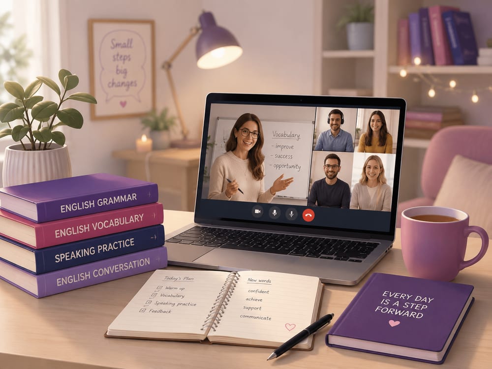 An online English lesson — a teacher and students on a video call, with study books and notes