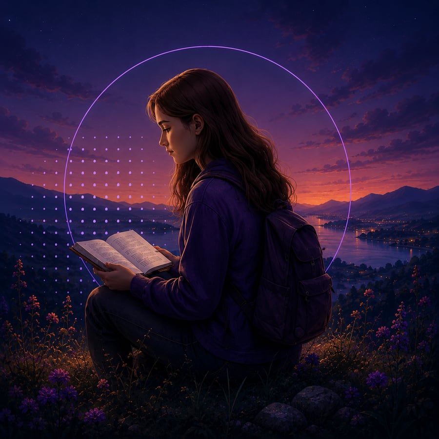 A student reading in English at sunset